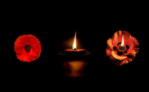 An overhead view of a red poppy, a side view a of a clay lamp or diya, lit for Diwali and a three-quarter view of a poppy with diya flame rising from its centre.
